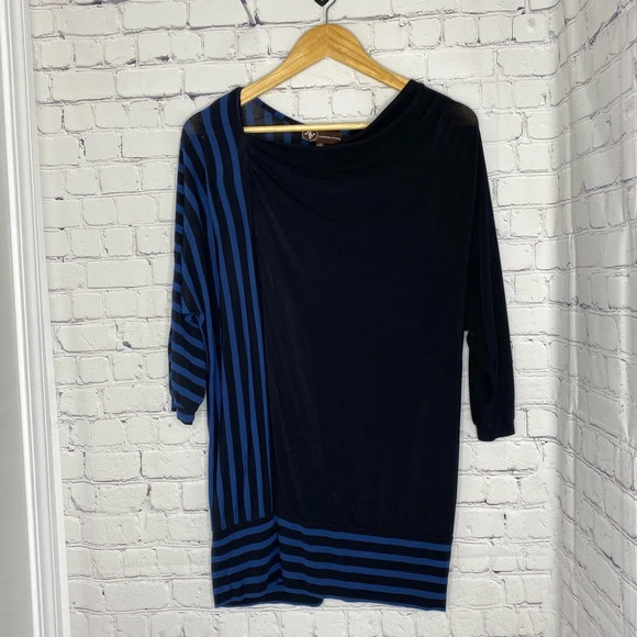 Adrienne Vittadini Black Blue Drape Front Mix Stripe Blouse Size Small - Picture 10 of 10